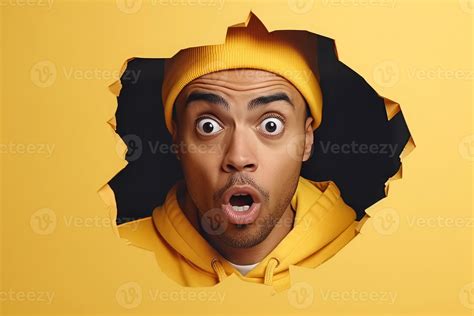 Ai Generated Astonished Amazed Man Looking In Yellow Wall Hole