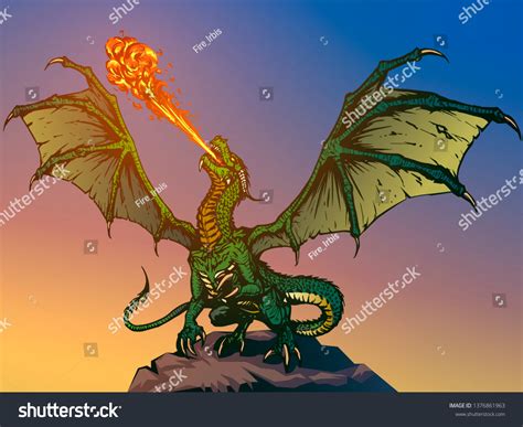 Dragon Fire Breathing Spreading Wings Comic Stock Vector Royalty Free