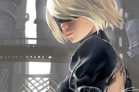 Con Los Ojos Vendados NieR 2B Nier Automata Cabello Blanco Nier