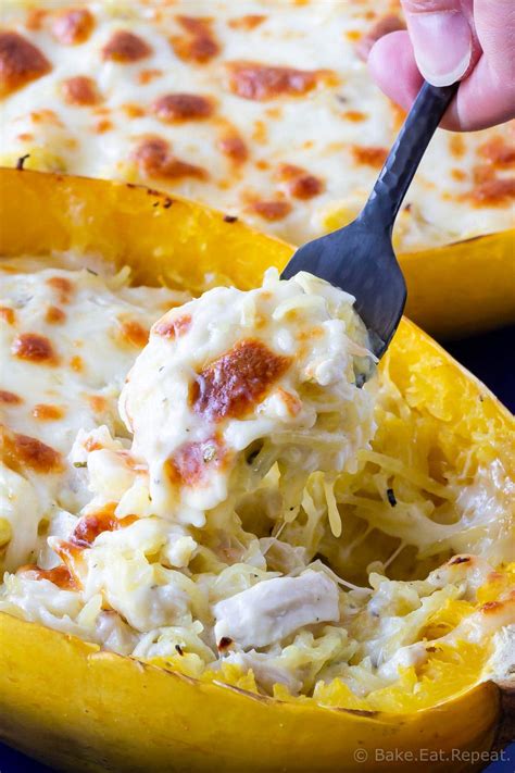 Chicken Alfredo Stuffed Spaghetti Squash Bake Eat Repeat