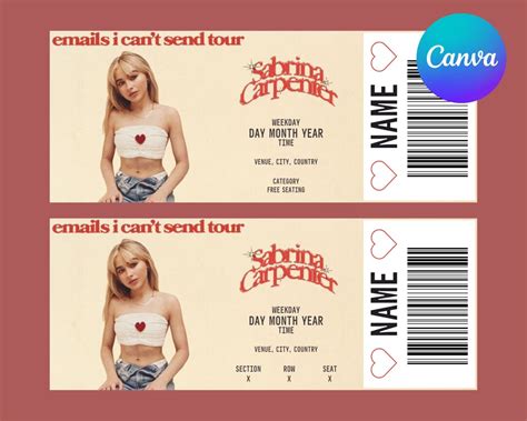 Sabrina Carpenter Editable Concert Ticket Canva Template Customizable