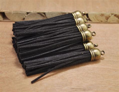 12pcs Black Suede Tassels 86mm Fringe Tassels With Antique Bronze Plastic Cap Charms Leather