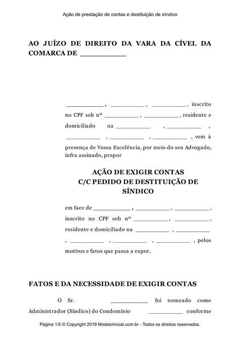 Modelo Ação de prestação de contas e destituição de síndico