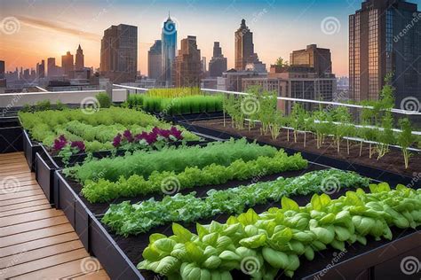 Rooftop Vegetable And Herb Garden With Rows Of Thriving Plants And A