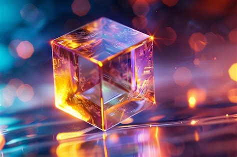 Beautiful Iridescent Glass Cube Floating In The Air Premium Ai