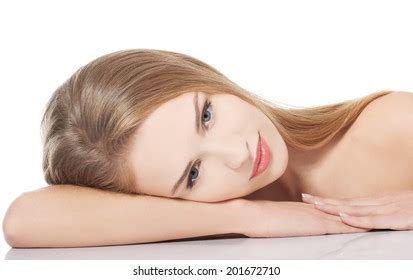 Beautiful Naked Topless Caucasian Woman Lying Stock Photo