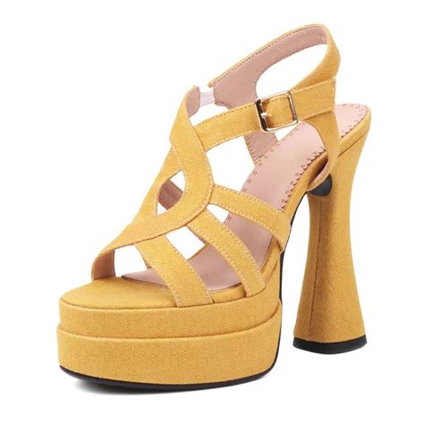 Lib Peep Toe Denim Fabric Chunky Heels Ankle Buckle Straps Platforms