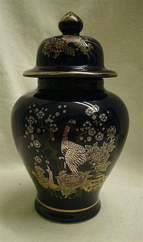 Vintage Cobalt Blue Peacock Ginger Jar Porcelain Gold Leaf Japan Made