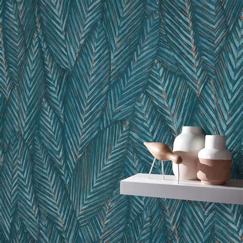 Erismann Martinique Leaf Wallpaper Tropical Palm Textured Vinyl Blue