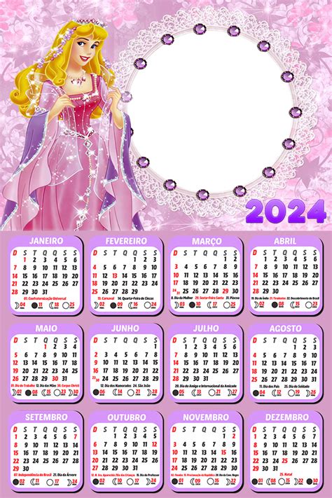 Calendário Aurora Disney 2024 Moldura PNG Digital Grátis