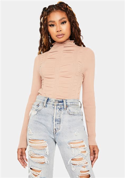 Ruched Mock Neck Long Sleeve Crop Top Sand Dolls Kill