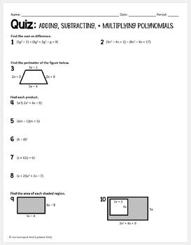 Algebra 1 Quiz Adding Subtracting Multiplying Polynomials TpT