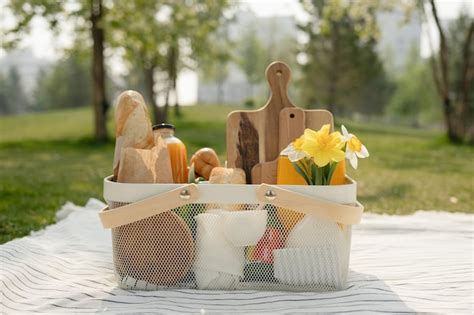 Premium Photo | Picnic basket with food on blanket in park summer ...