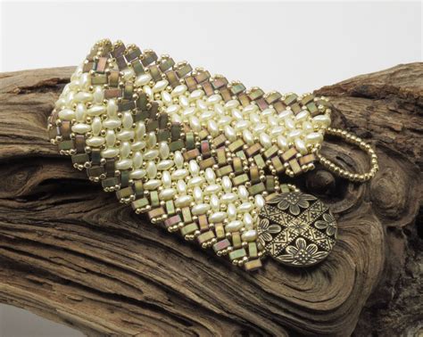 Super Duo Half Tila Bracelet Herringbone Stitch Antique Bronze Button