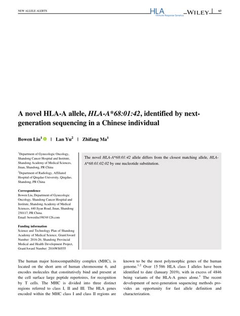 A Novel HLAA Allele HLAA 68 01 42 Identified By Nextgeneration