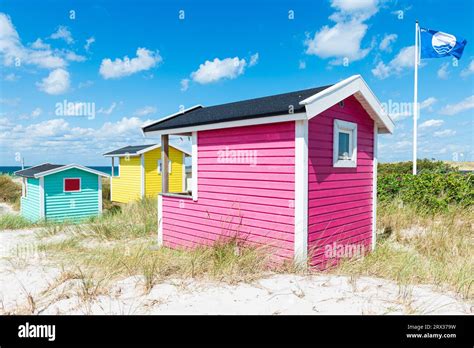 Colourful Windswept Wooden Bathing Huts In The Sand Dunes On The Beach