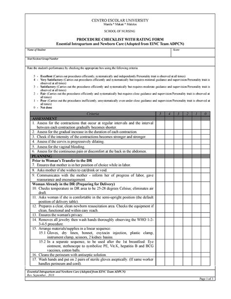 L Checklist Essential Intrapartum And Newborn Care Adopted From Einc