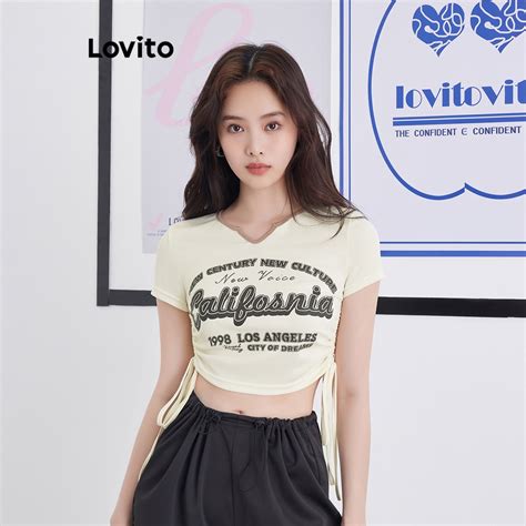 Lovito Casual Letter Ruched Contrast Binding Lace Up Letter T Shirt For