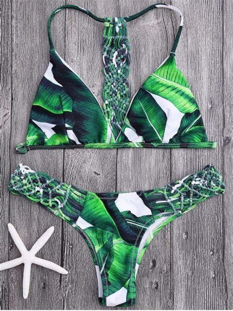 Crochet Panel Palm Leaves Bikini Set Green M Leaves Bikini Palm