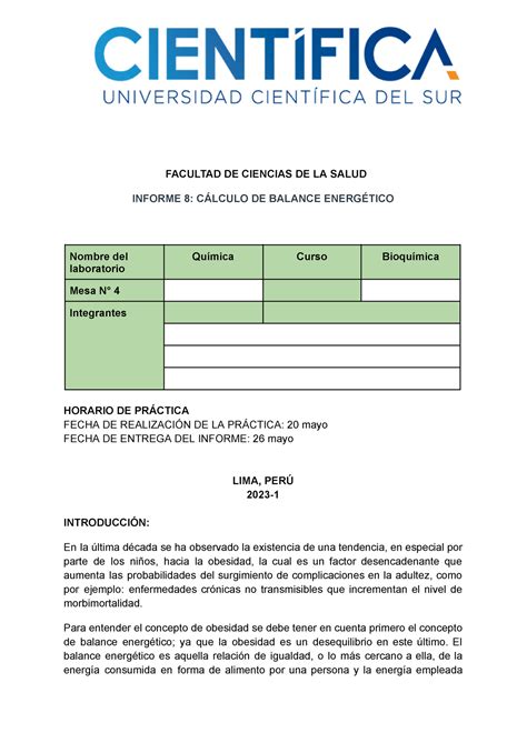 Informe N Bioqu Mica Facultad De Ciencias De La Salud Informe