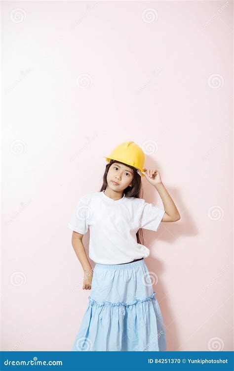 Smile Little Girl As Architect Engineer Dream To Future Stock Photo