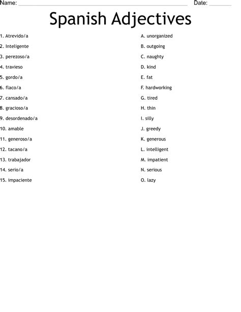 Adjectives In Spanish Worksheet