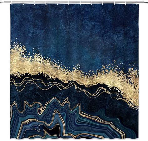 Abstract Navy Blue Marble Shower Curtain Modern Luxury Art Watercolor