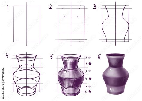 step  step drawing process   vase educational tutorials stock
