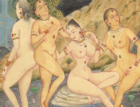 Indian Painting Of Naked Women Bathing In Lake And Shiva Linga Temple