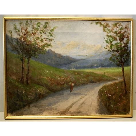 ANTICO PICCOLO QUADRO DIPINTO OLIO TELA PAESAGGIO MONTANO STRADA