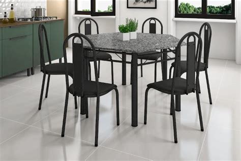 Conjunto Mesa Granito 1 40x1 20cm Cromo Preto 6 Cadeiras 058