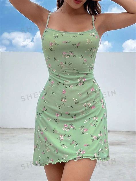 Shein Ezwear Ditsy Summer Outing Floral Print Lettuce Trim Cami Dress