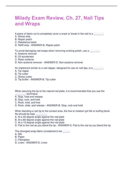 Milady Exam Review, Ch. 27, Nail Tips and Wraps Questions and Answers