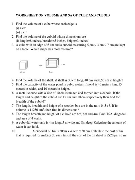 Worksheet On Volume and Sa of Cube and Cuboid | PDF