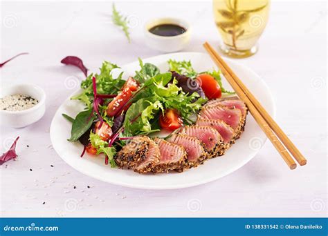 Japanese Traditional Salad With Pieces Of Medium Rare Grilled Ahi Tuna