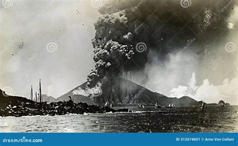 Epic Moment: Krakatoa Volcano Eruption Captured in Monochrome Stock ...