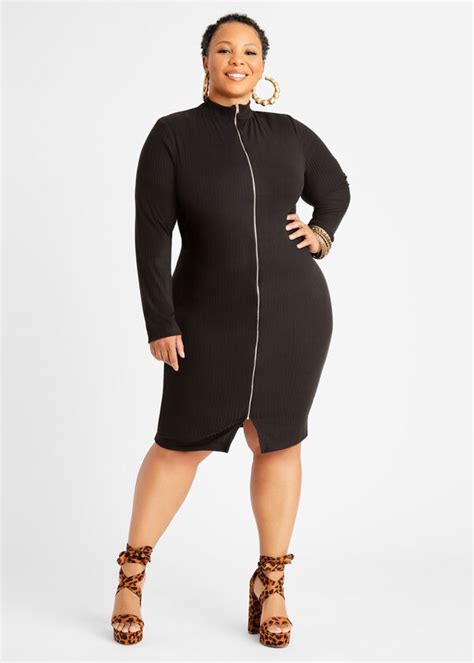 Plus Size Rib Knit Bodycon Dress Plus Size Party Dress Zip Front Dress