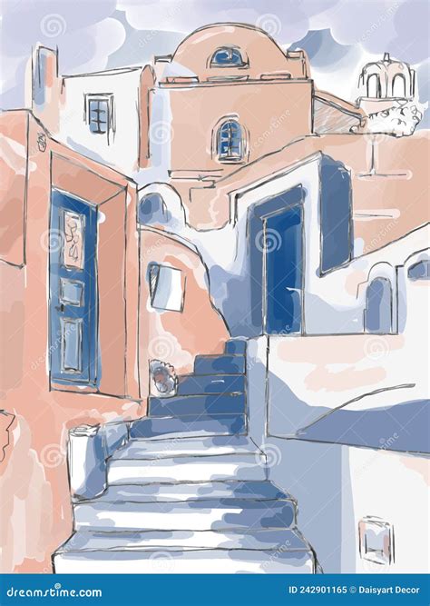 Vector Simple Illustration Santorini City View Greece Greek