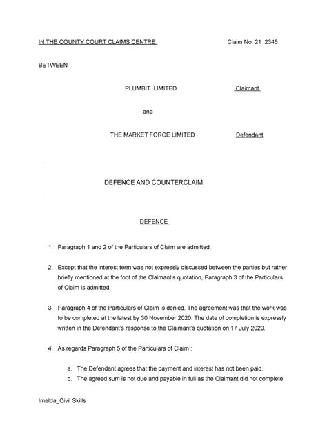 Defence And Counterclaim Sample Drafting In The County Court Claims