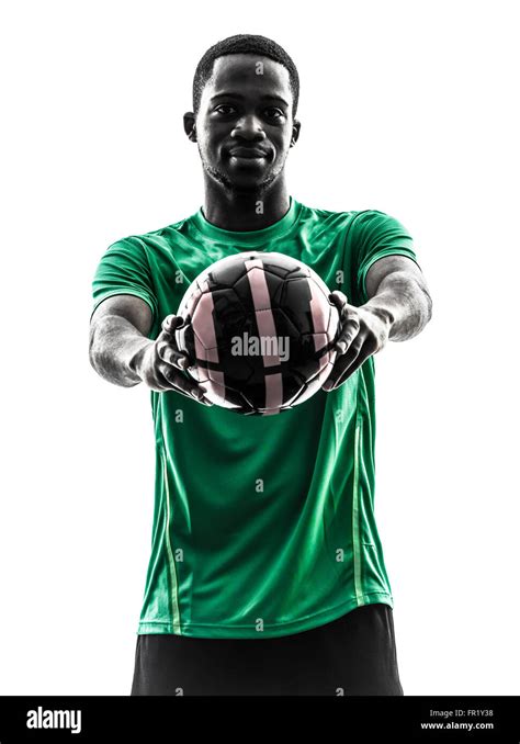 One African Man Soccer Player Green Jersey Holding Showing Football In