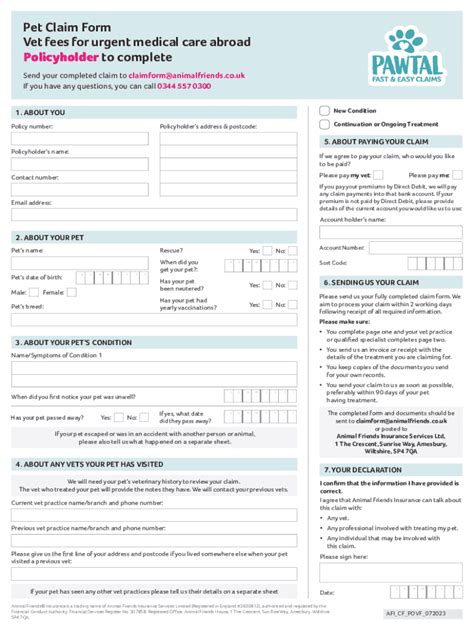 Fillable Online Pet Claim Form Vet Fees For Urgent Medical Care Abroad