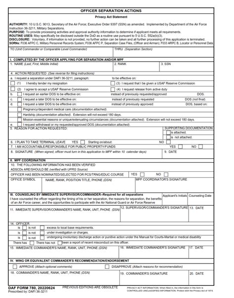 Daf Form 780 Officer Separation Actions Origin Form Studio