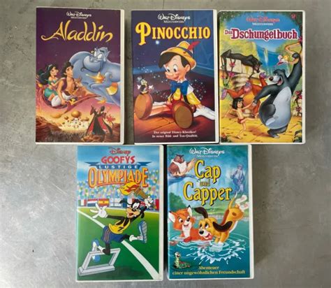 WALT DISNEY 5 VHS Video Kassetten Aladdin Pinocchio Cap Und Capper