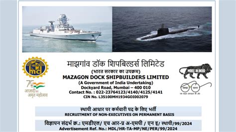 Mazagon Dock Non Executive Recruitment Post Notification Out