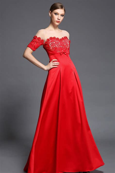 Robe Longue Rouge Empire à Manche Courte En Dentelle Guipure Persun Fr