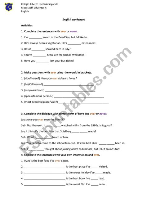 Ever Never Esl Worksheet By Feeefi92