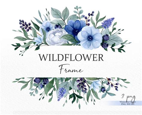 Blaue Blumen Rahmen Clipart Wildblumen Rand Png Aquarell Etsy