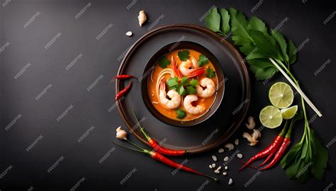 Premium Photo Tom Yum Kung Spicy Thai Soup With Shrimp In A Black Bowl On A Dark Stone