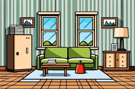 Premium Vector | A cartoon drawing of a living room with a green sofa ...