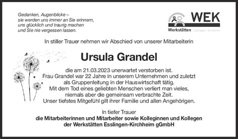 Nachruf Ursula Grandel 08 04 2023 Teckbote Trauerportal